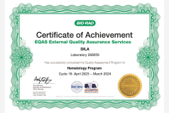 Сертификат участия в программе внешней оценки качества EQAS Гематология 2024