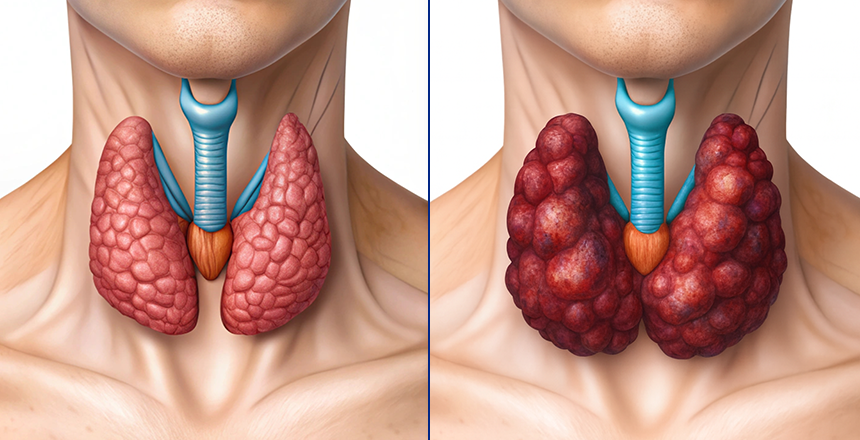 здоровая и пораженная щитовидная железа