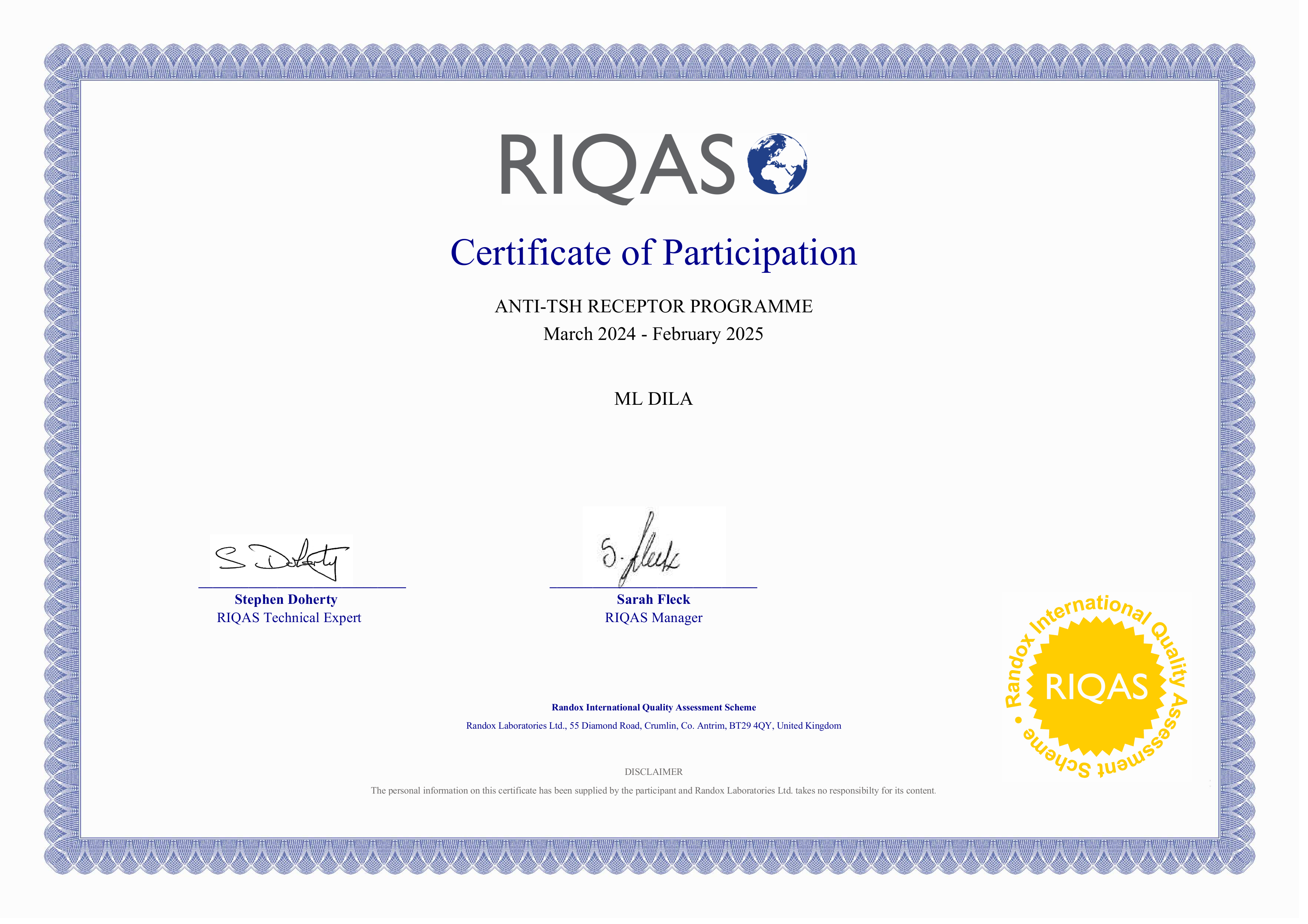 Фото - Сертифікат участі в програмі зовнішньої оцінки якості RIQAS (Антитіла до ТТГ) 2025