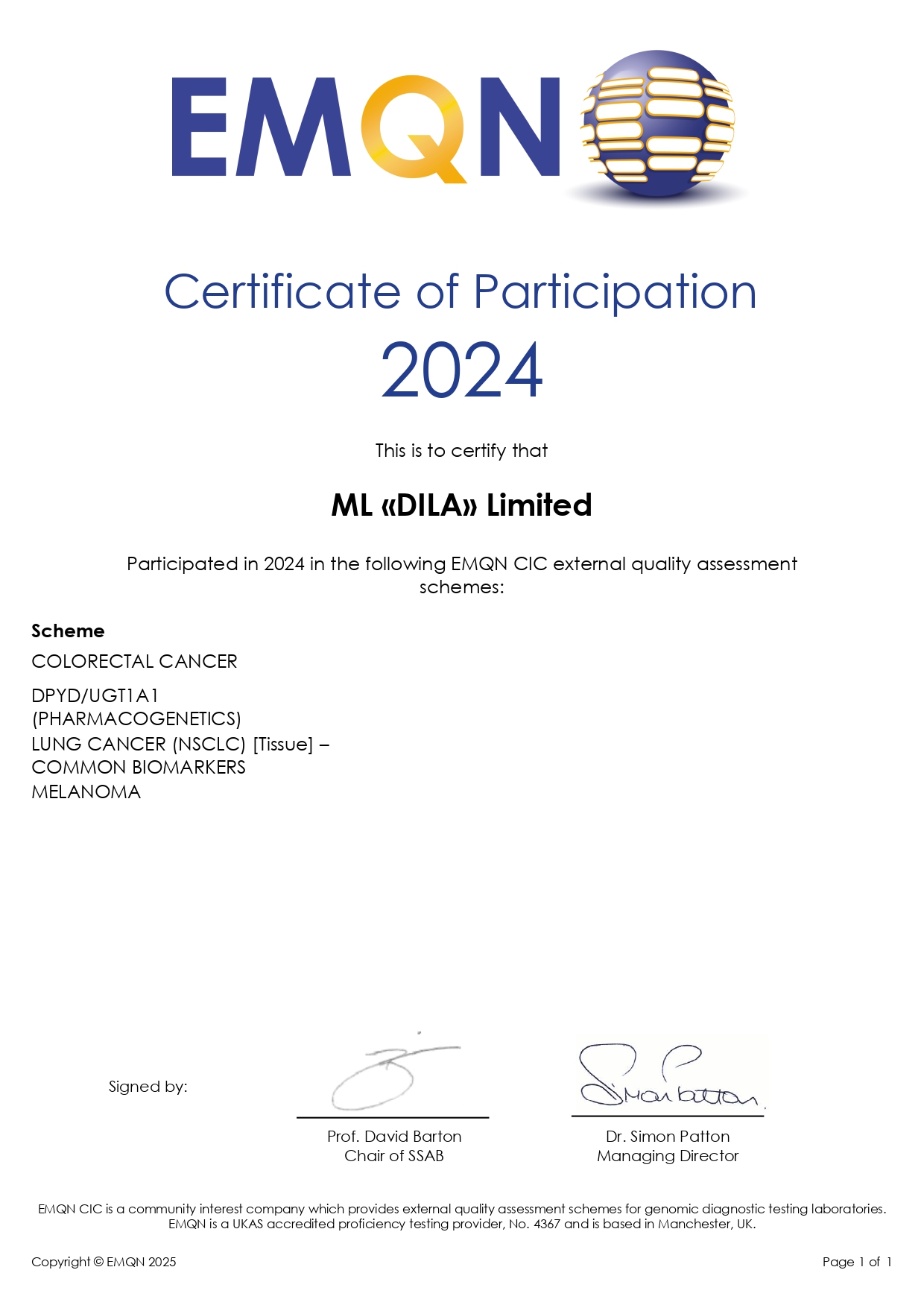 Фото - Сертификат участия в программе внешней оценки качества EMQN (молекулярная онкология) 2024
