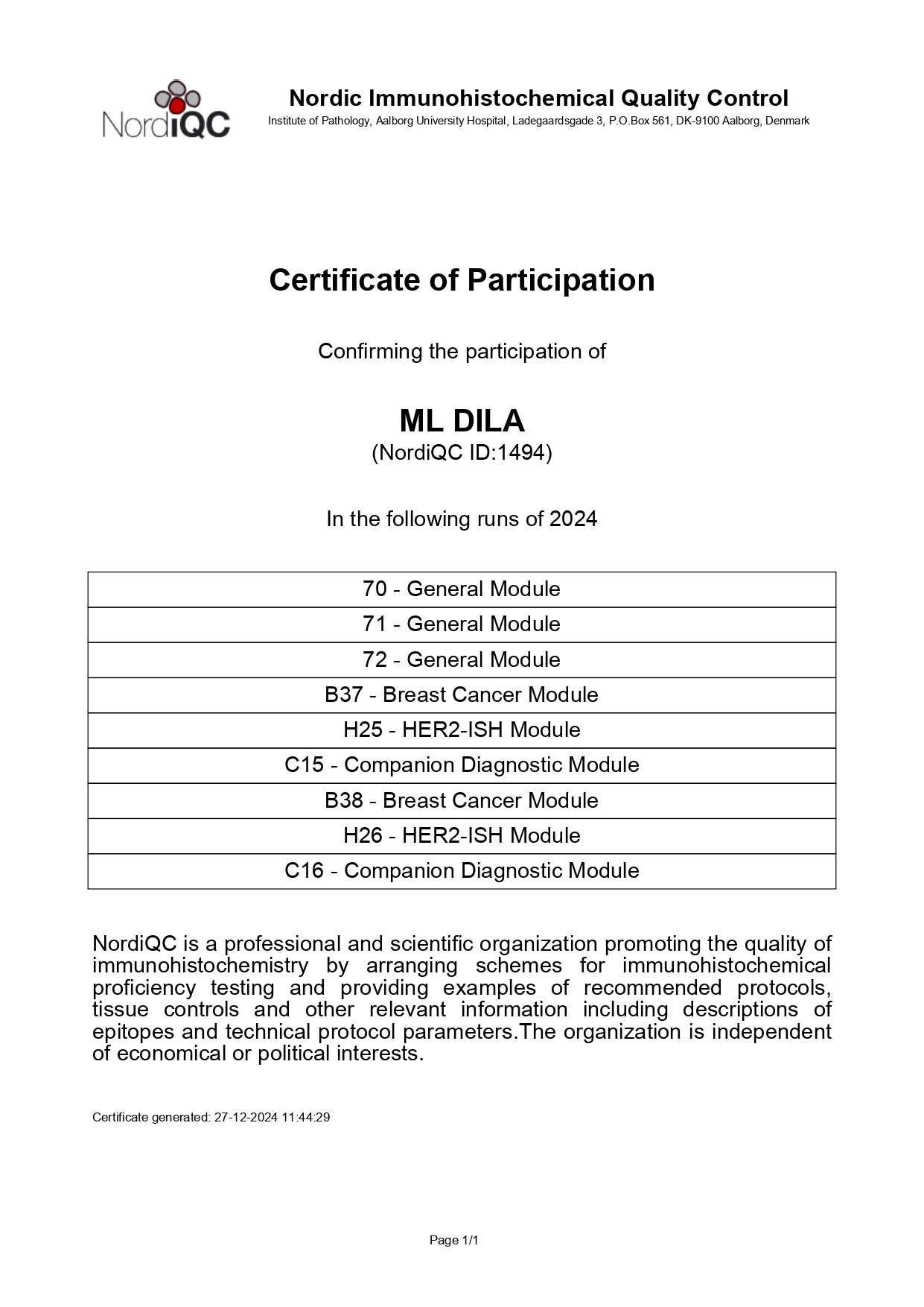 Фото - Сертификат участия в программе внешней оценки качества Nordiq 2024