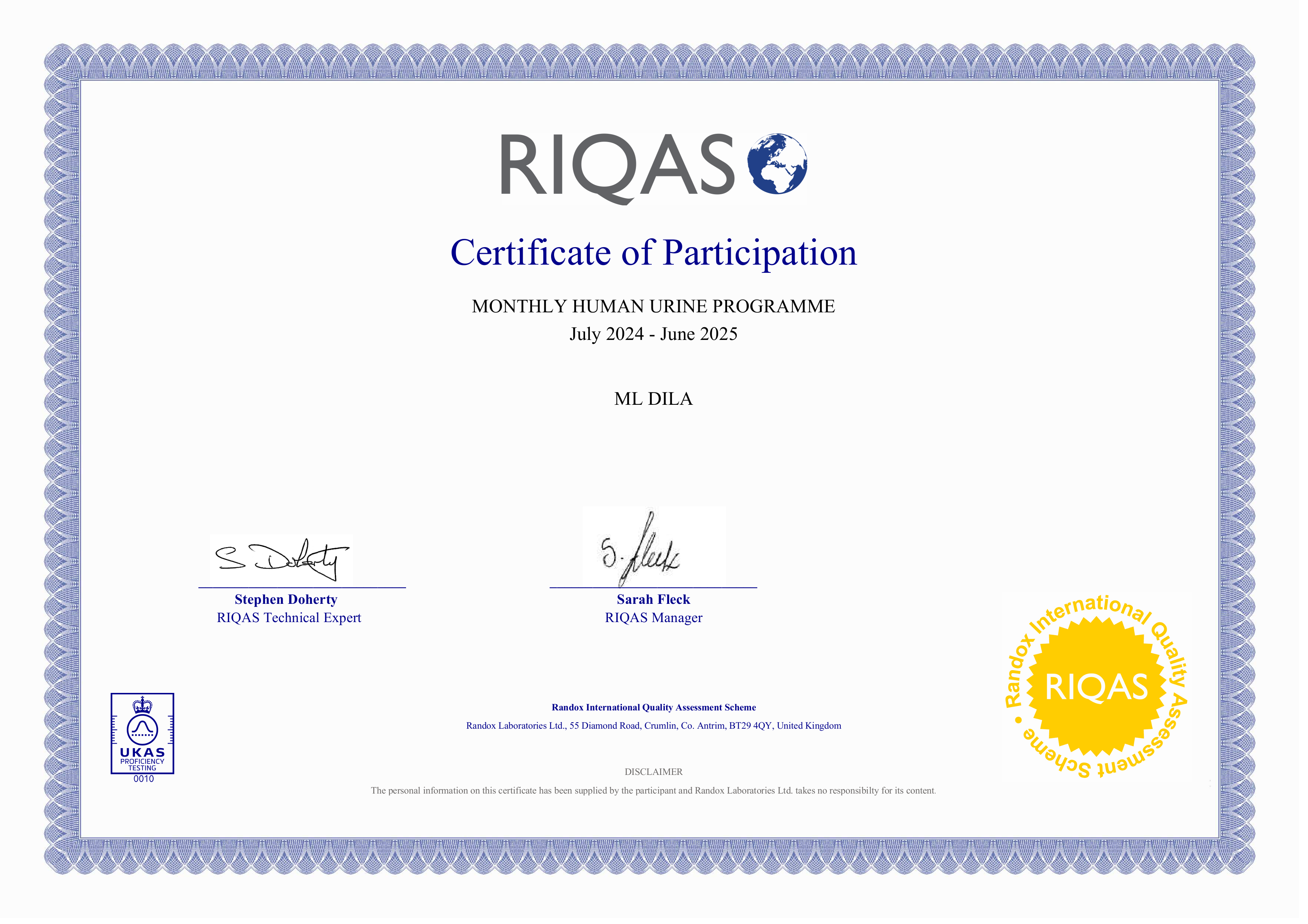 Фото - Сертифікат участі в програмі зовнішньої оцінки якості RIQAS (Біохім. сечі) 2025